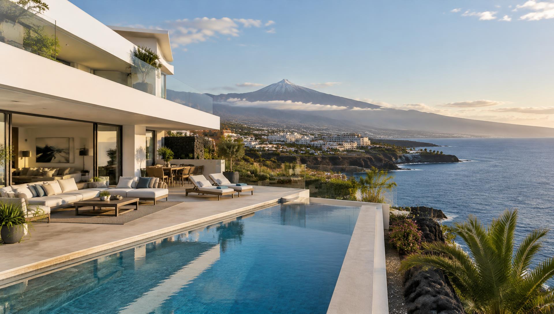 Villa moderna con piscina frente al océano en Tenerife, con el Teide al fondo