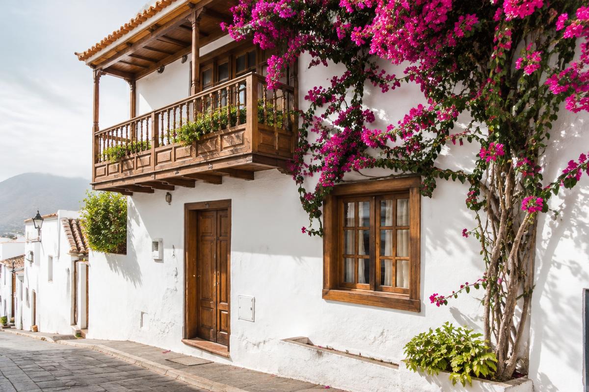 Fachada de casa tradicional canaria con balcón de madera